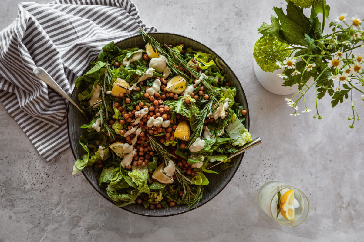 Vegan Caesar Salad with Roasted Chickpea Croutons