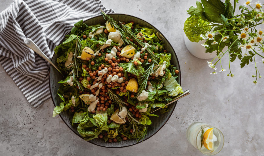 Vegan Caesar Salad with Roasted Chickpea Croutons