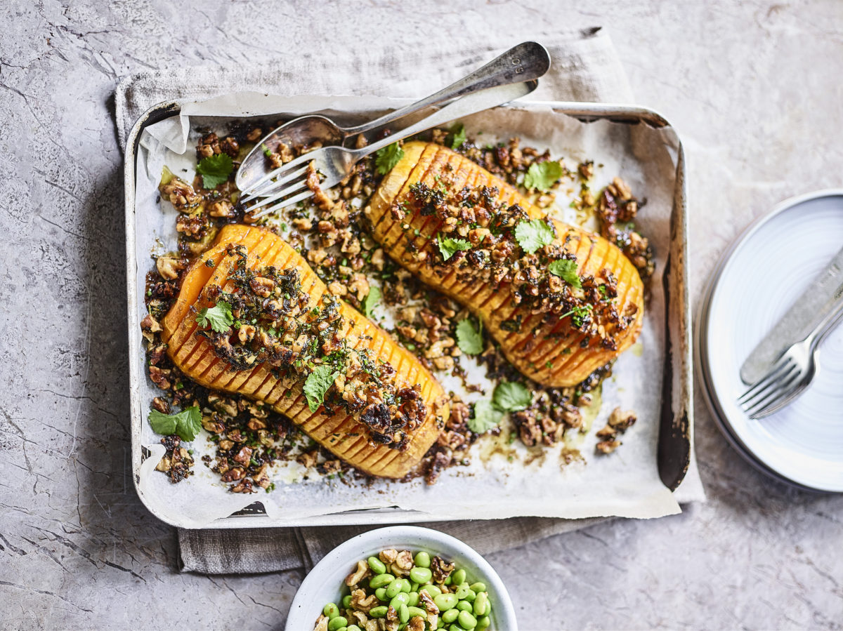 Hasselback Squash With Walnut Crumb