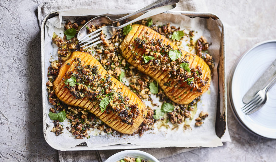 Hasselback Squash With Walnut Crumb