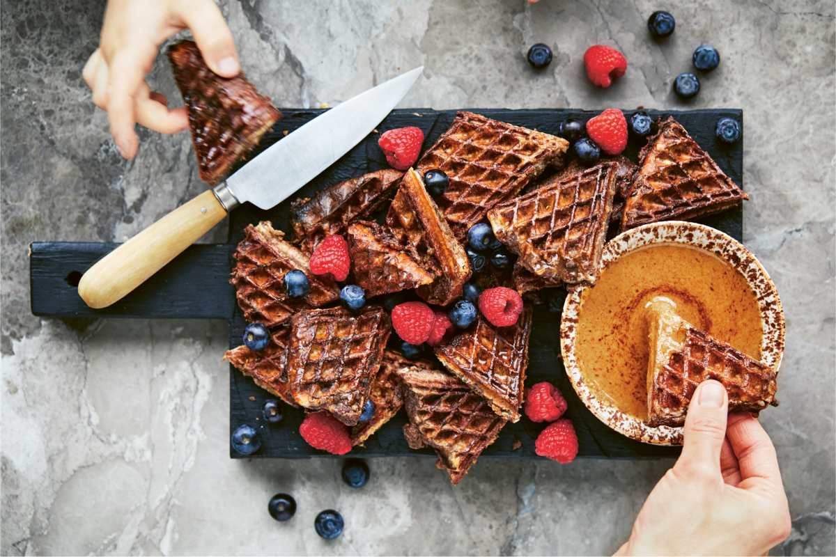 Chocolate Waffle Toast Dunked in Granola Butter