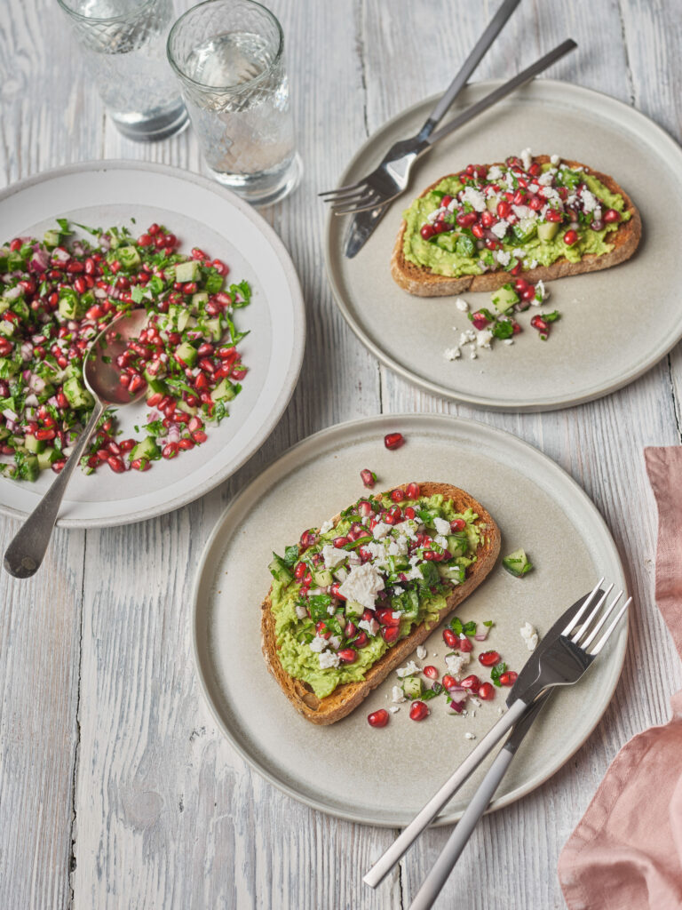 Pomegranate Salsa, Guac & Goats Cheese Sourdough Slices