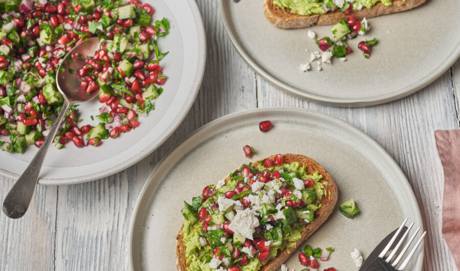 Pomegranate Salsa, Guac & Goats Cheese Sourdough Slices