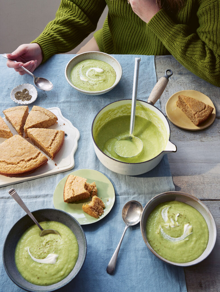 Leek, Pea and Potato Soup with Buttery Cornbread