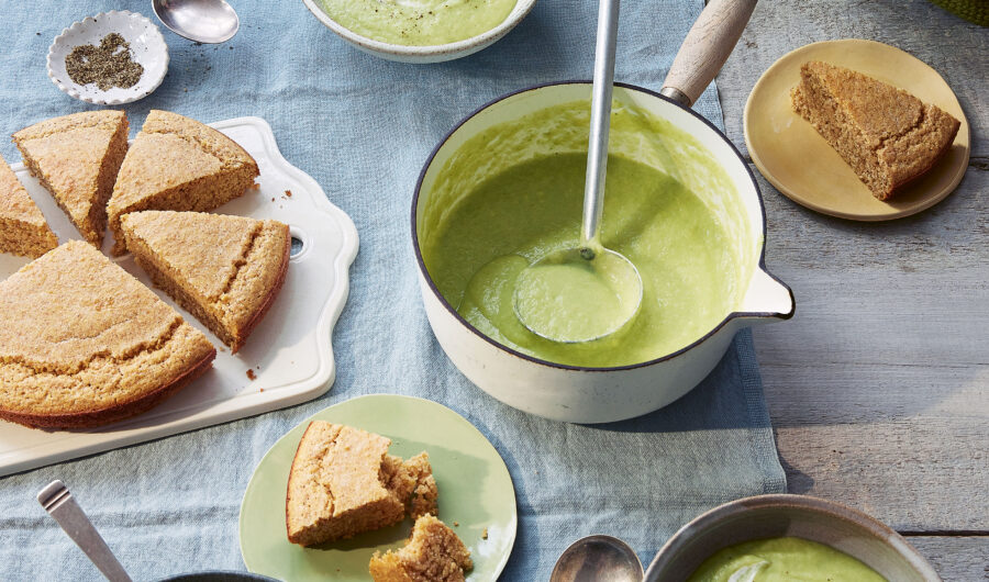 Leek, Pea and Potato Soup with Buttery Cornbread
